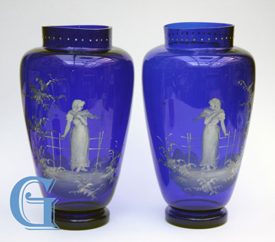 pair Mary Gregory cobalt blue glass vases
